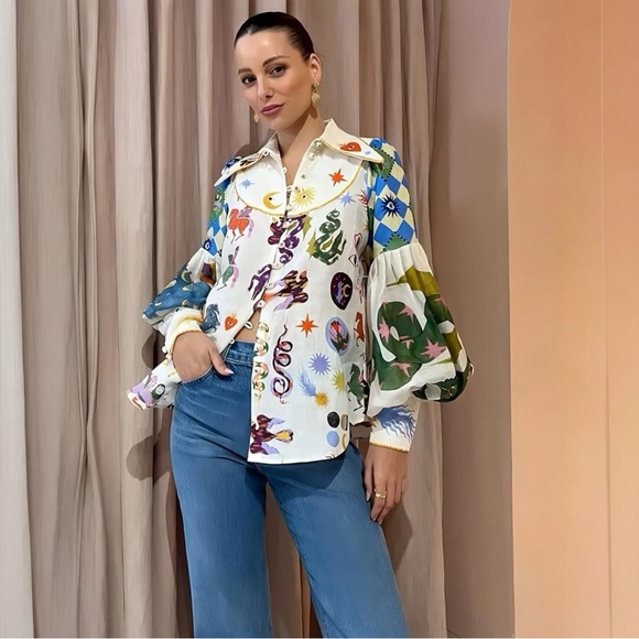 Tops - Graffiti Printed Lantern Sleeve Button Down Top Small